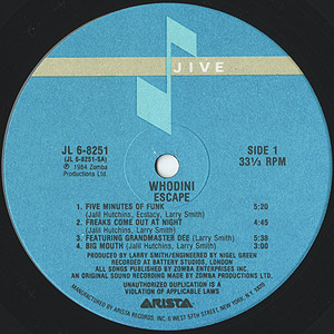Whodini Escape(LP) / Jive 1984 USオリジナル盤 EX/EX Groovenut Records SOUL JAZZ FUNK 45 DISCO HIP HOP