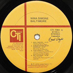Nina Simone / Baltimore(LP) / CTI 1978 USオリジナル | EX-/EX
